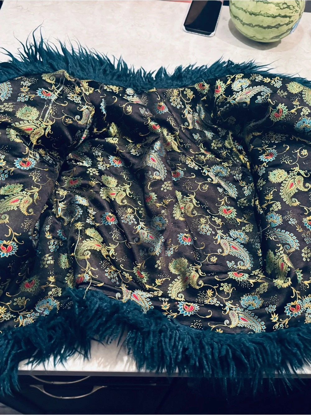 Free People Faux Fur Teal Jacket with Paisley Lining